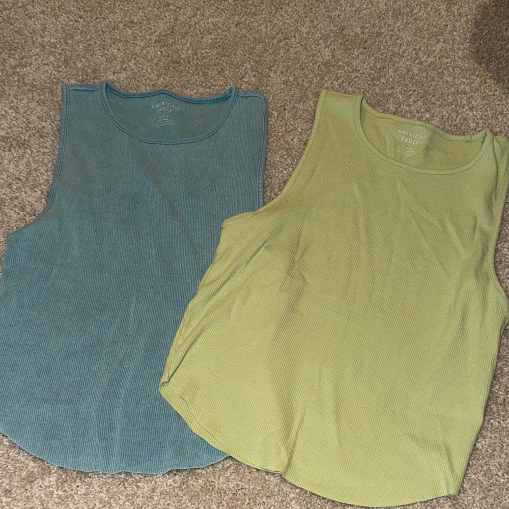 American Eagle Outfitters Ribbed Tank Tops - Teal & Lime Green Medium
